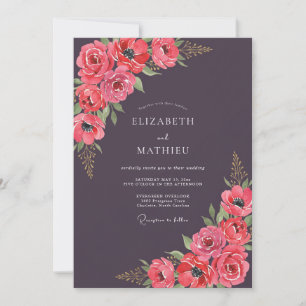 Magenta Eggplant Ranunculus Eucalyptus Wedding Invitation
