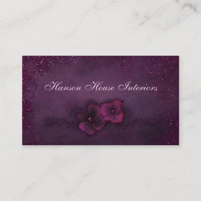 Magenta Eggplant Vintage Sparkle Flowers Business Card (Front)