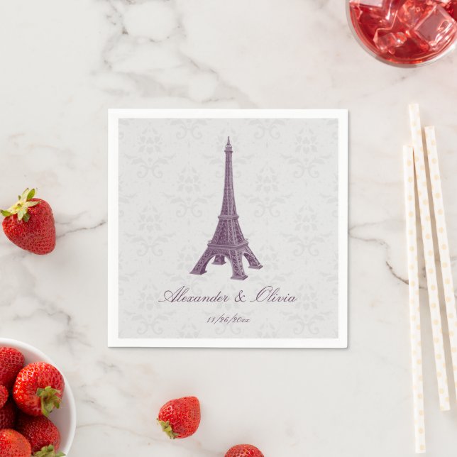 Magenta Eiffel Tower Damask Bridal Shower Napkin (Insitu)