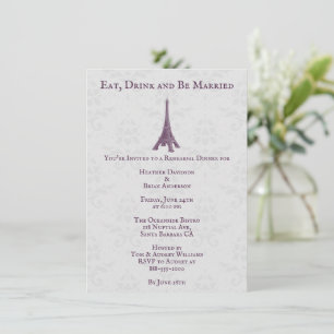 Magenta Eiffel Tower Damask Rehearsal Dinner Invitation