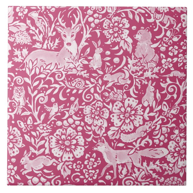 Magenta Fantasy Forest Animal Woodland Nature Tile (Front)