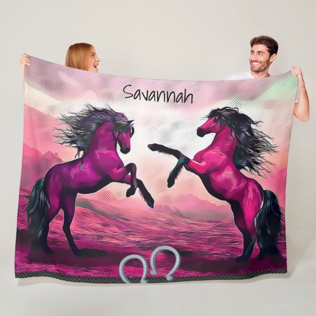 Magenta Fantasy Horses in Cartoon Dot Fleece Blanket (In Situ)