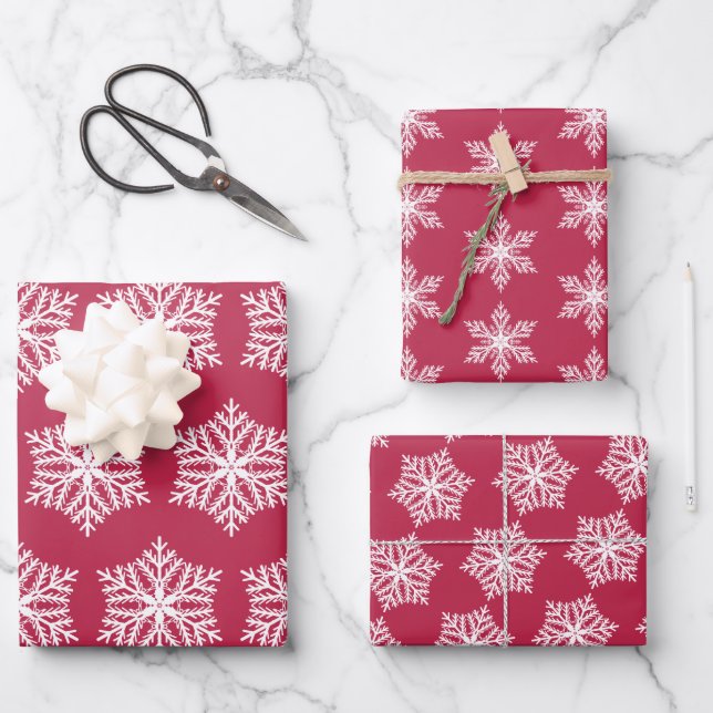  Magenta Festive Snowflakes Christmas Wrapping Paper Sheet (Front)