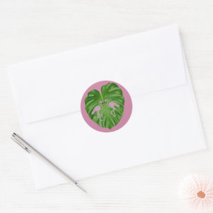 Magenta Flamingo Flamingos Monstera Heart Classic Round Sticker