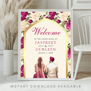 Magenta Floral Anand Karaj Wedding Welcome Sign
