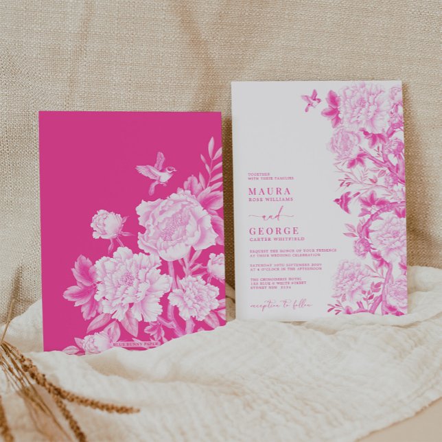 Magenta Floral Birds Chinoiserie Garden Wedding Invitation (Creator Uploaded)