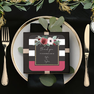 Magenta Floral Black Stripe Couples Names Wedding Square Sticker