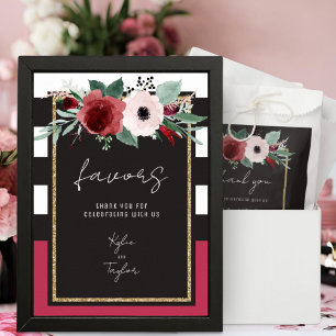 Magenta Floral Black White Stripe Wedding Favour Poster