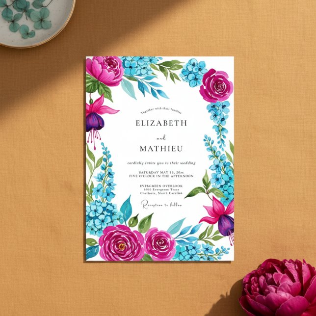 Magenta Floral Brushstroke Romance Wedding Invitation (Creator Uploaded)