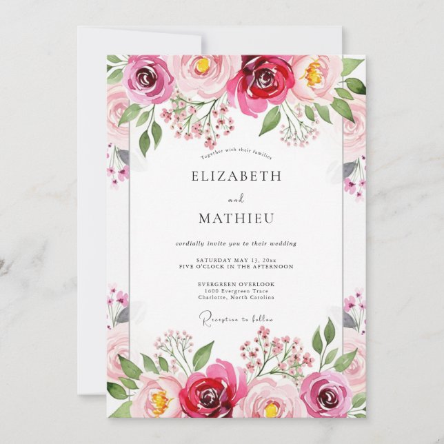 Magenta Floral Brushstroke Wedding Invitation (Front)