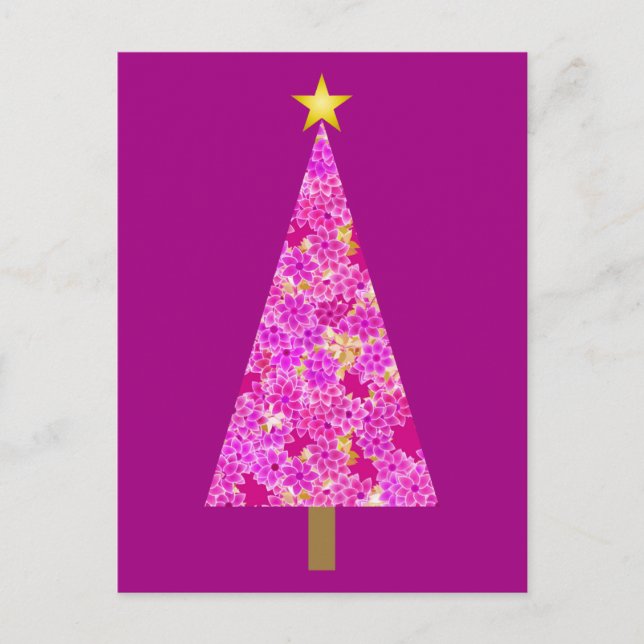 Magenta floral modern Christmas tree Holiday Postcard (Front)