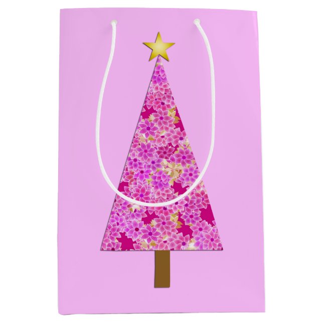 Magenta floral modern Christmas tree Medium Gift Bag (Front)