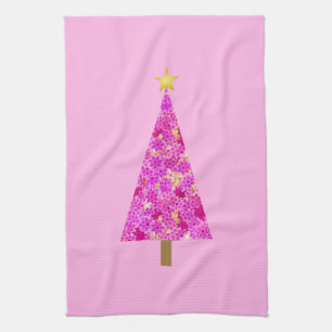 Magenta floral modern Christmas tree Tea Towel