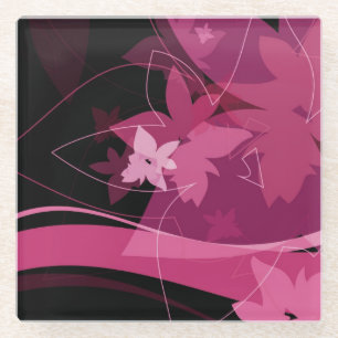 Magenta Floral Pattern Glass Coaster