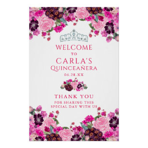 Magenta Floral Quinceanera Welcome Sign