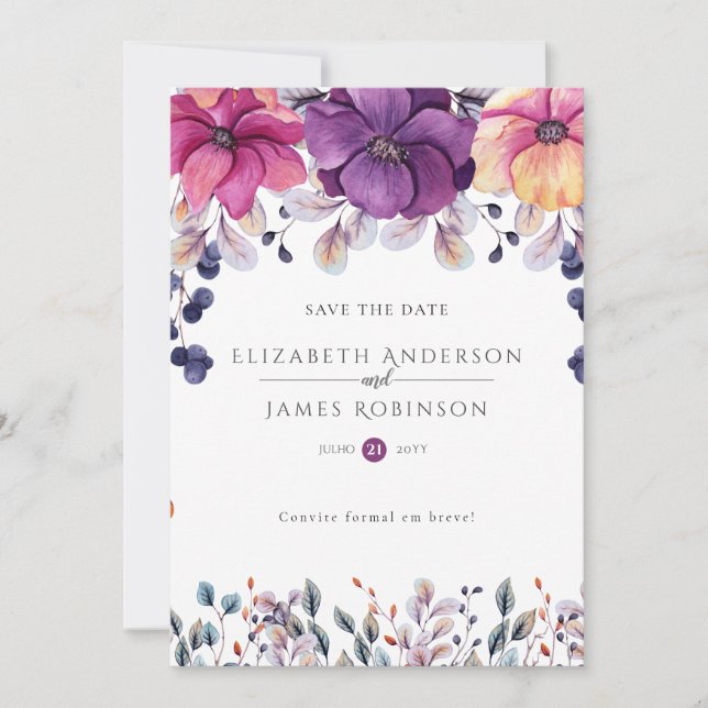 Magenta Floral Save the Date Digital or Printed Invitation (Front)