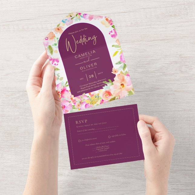 Magenta Floral Wedding All In One Invitation (Tearaway)