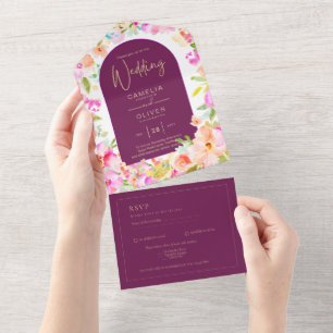 Magenta Floral Wedding All In One Invitation