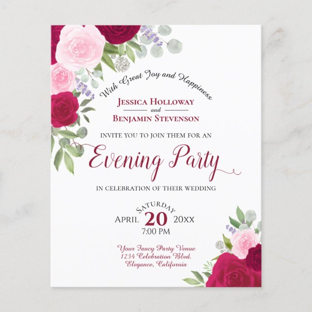 Magenta Floral Wedding Evening Party Budget Invite (Front)