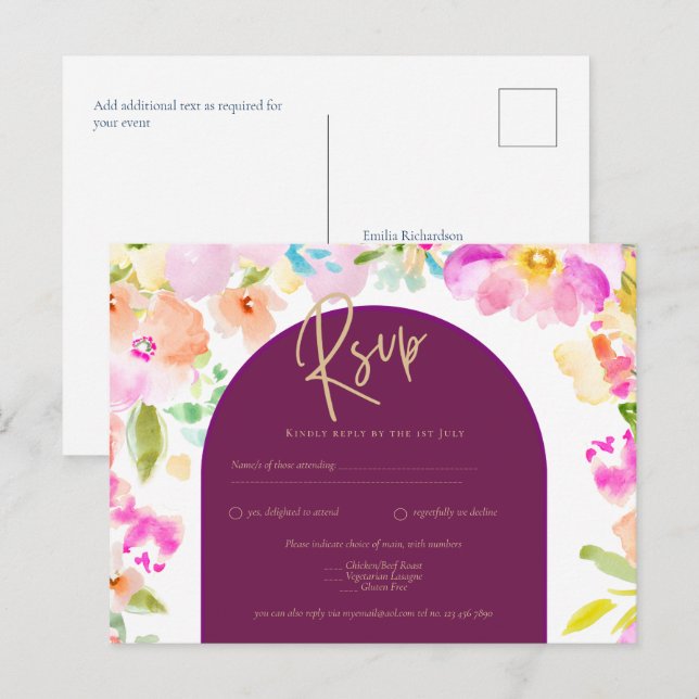 Magenta Floral Wedding Postcard (Front/Back)