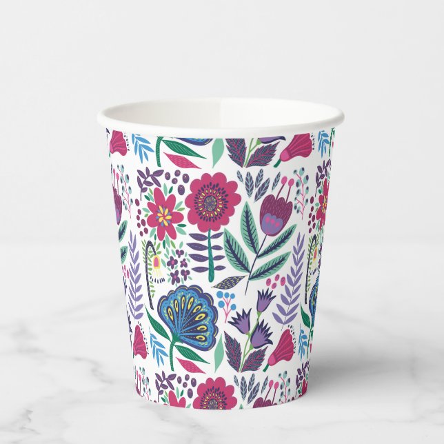 Magenta Folk Art Floral Pattern Paper Cups (Left)