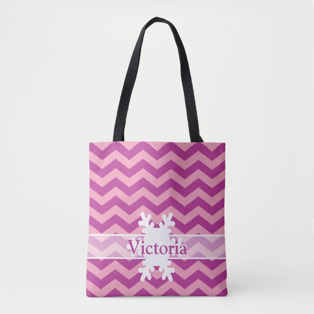 Magenta Frosted Orchid Chevrons with Snowflake Tote Bag (Front)