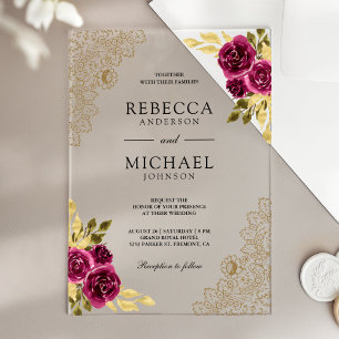 Magenta Fuchsia Floral Gold Lace Wedding Acrylic Invitations