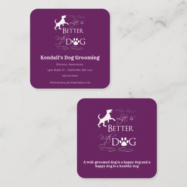 Magenta Funny Quote Dog Grooming Square Business Card (Front/Back)