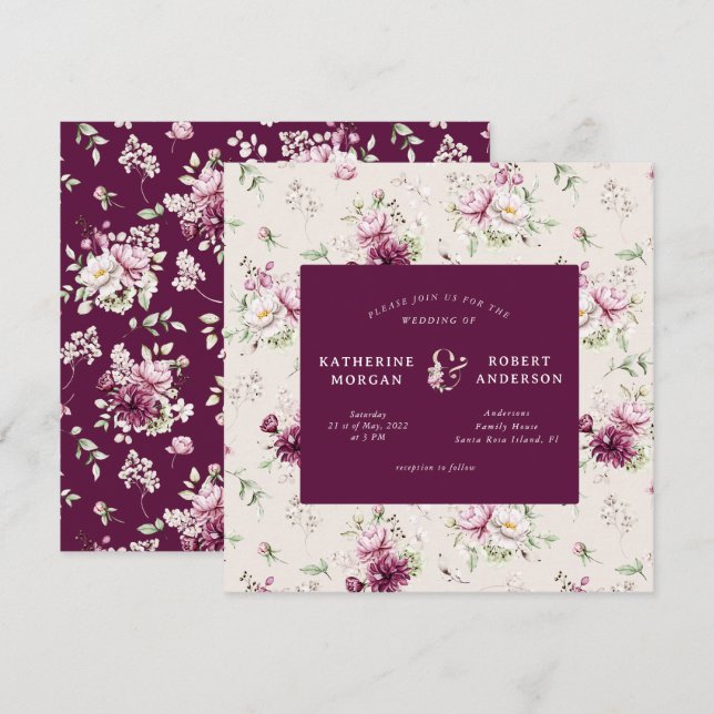 magenta garden floral square wedding invitation (Front/Back)