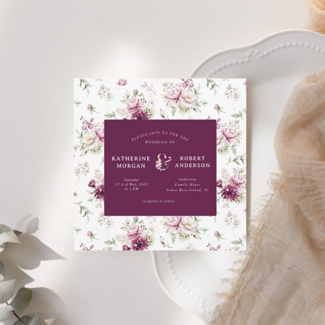 magenta garden floral square wedding invitation (Creator Uploaded)