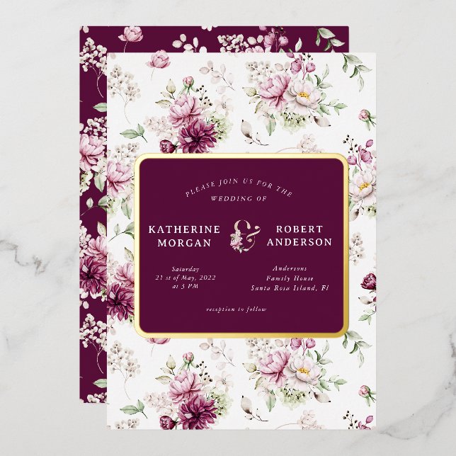 magenta garden floral wedding invitation foil invi (Front/Back)