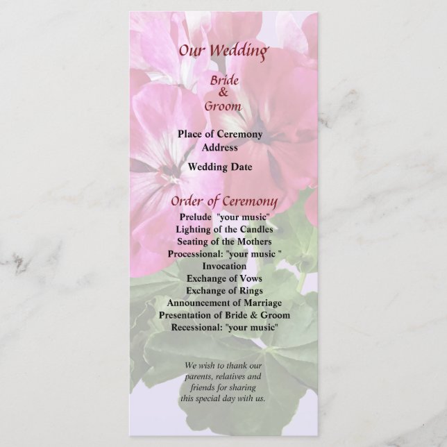 Magenta Geranium Wedding Program Programme (Front)