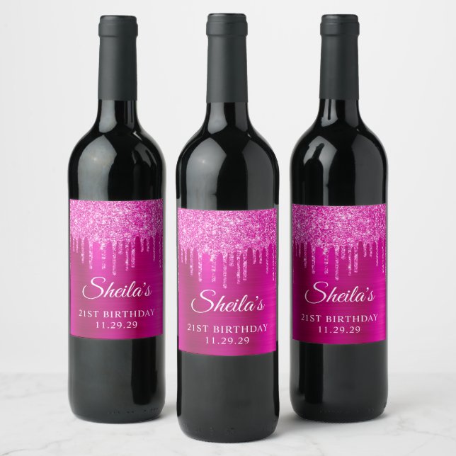 Magenta Glitter Drips Hot Pink Glam 21st Birthday Wine Label (Bottles)