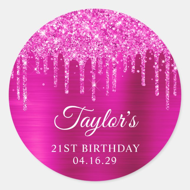 Magenta Glitter Drips Metallic 21st Birthday Classic Round Sticker (Front)