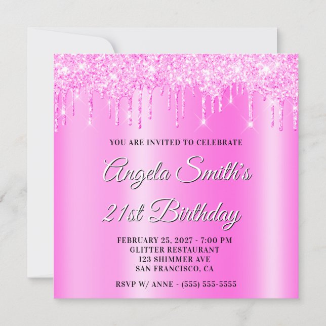 Magenta Glitter Drips Shimmer Ombre Drop Shadow Invitation (Front)