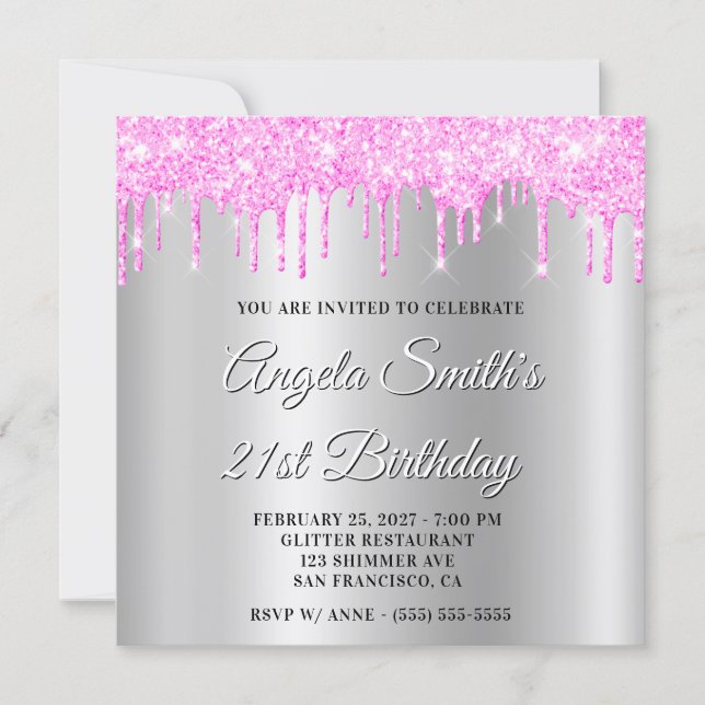 Magenta Glitter Drips Silver Ombre Drop Shadow Invitation (Front)