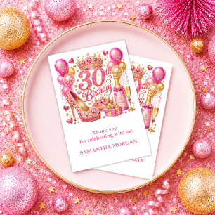 Magenta Glitter Glow 30th Birthday Pink Gold Thank You Card