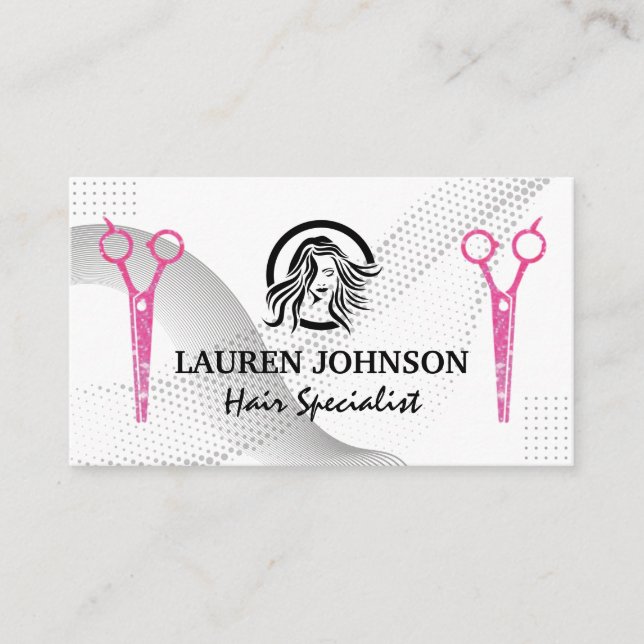 Magenta Glitter Salon Scissors | Hair Stylist Logo Business Card (Front)