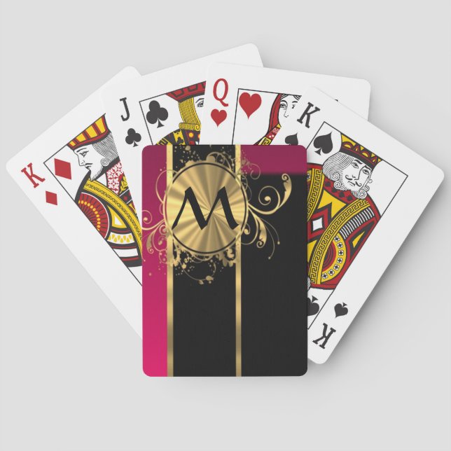 Magenta gold and black monogram playing cards (Back)