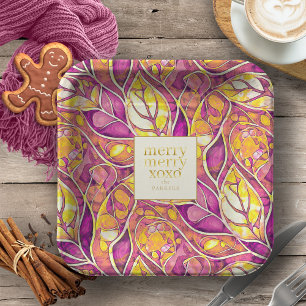 Magenta Gold Christmas Merry Pattern#21 ID1009 Paper Plate