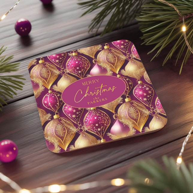 Magenta Gold Christmas Pattern#12 ID1009 Square Paper Coaster (Creator Uploaded)
