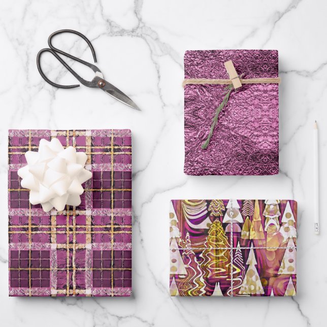 Magenta Gold Christmas Patterns #7#25#32  ID1009 Wrapping Paper Sheet (Front)