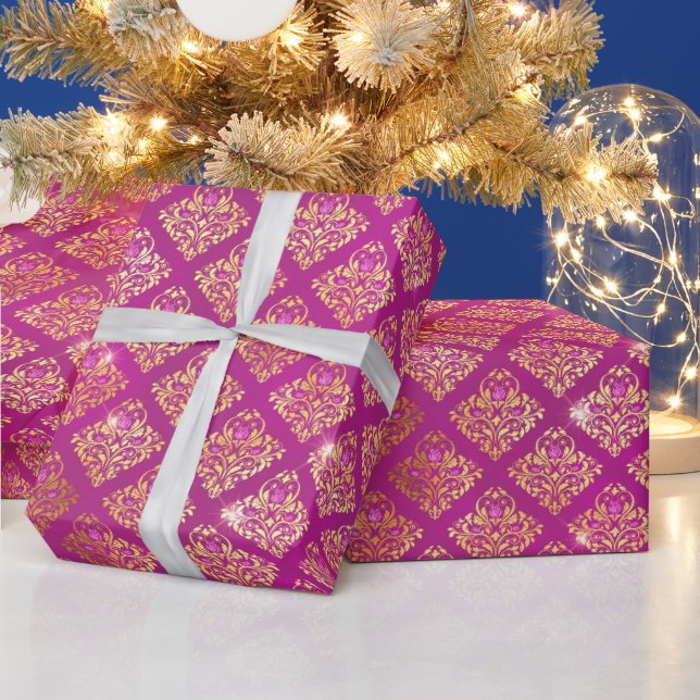 Magenta & Gold Damask Sparkle Pattern Wrapping Paper (Holidays)