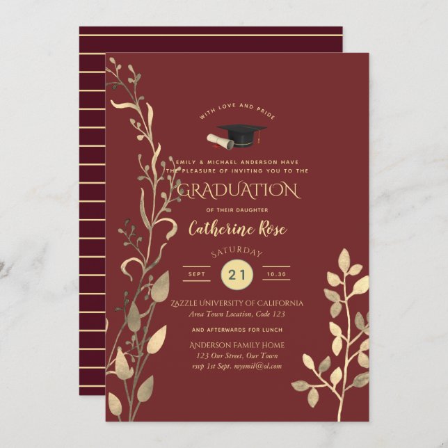 Magenta Gold GRADUATION Ceremony Party Invitation (Front/Back)