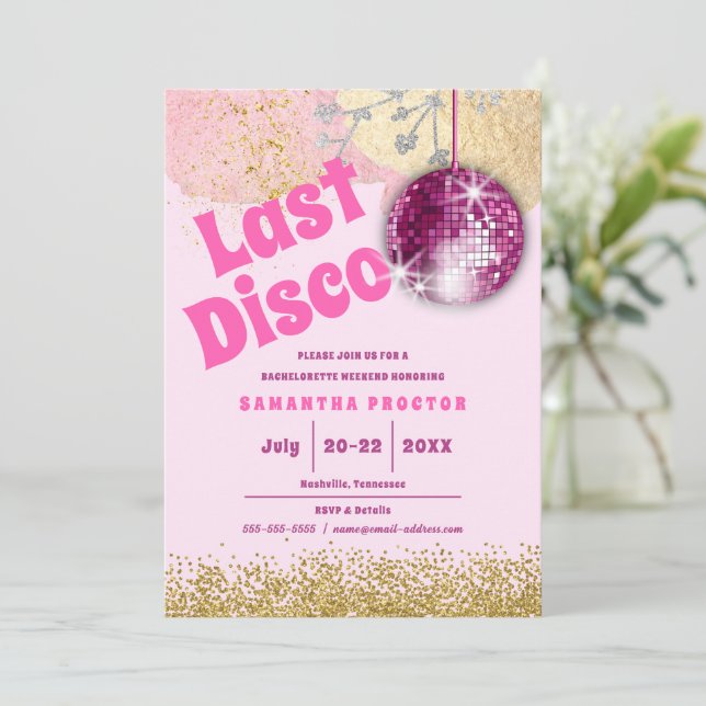 Magenta Gold Last Disco Retro Glam Bachelorette Invitation (Standing Front)