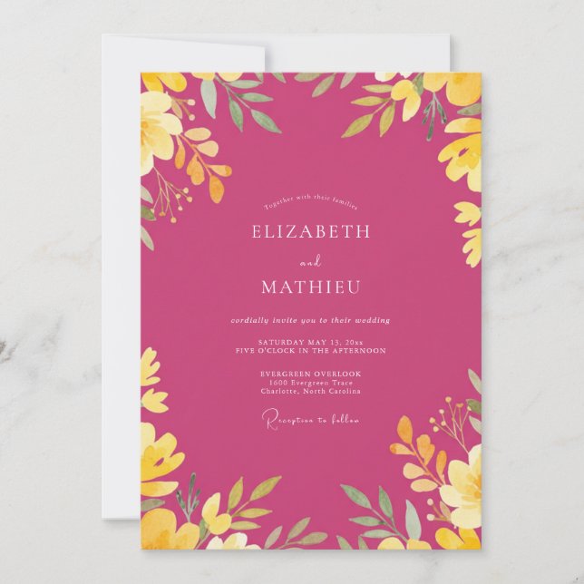 Magenta Gold Leafy Wedding Invitation (Front)