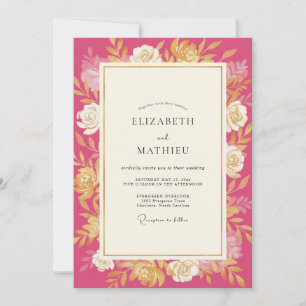 Magenta Gold Rose Wedding Invitation
