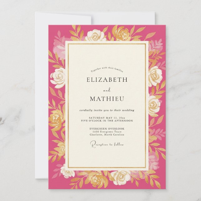 Magenta Gold Rose Wedding Invitation (Front)