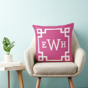 Magenta Greek Key Custom Monogram Initials Cushion