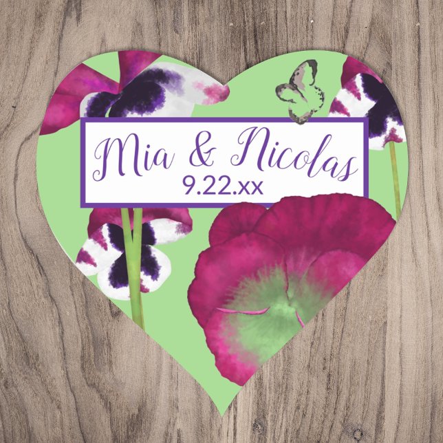 Magenta Green Flowers Personalised Heart Stickers (spring summer green magenta berry pink pansy heart-shaped wedding monogram bride groom names sticker)